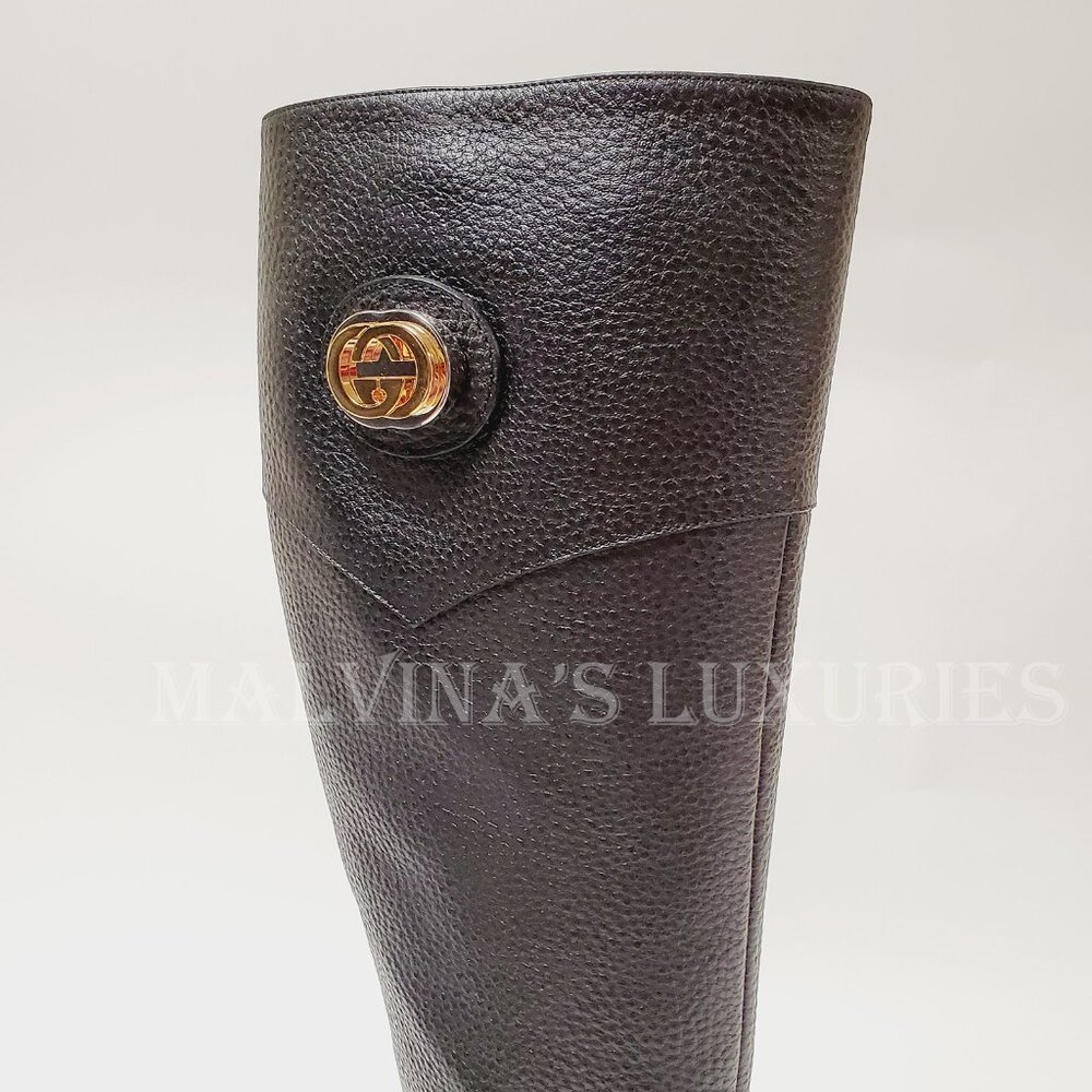 GUCCI BOOTS BLACK LEATHER TALL INTERLOCKING G LOGO sz IT 40.5 US 10.5 - Picture 9 of 16